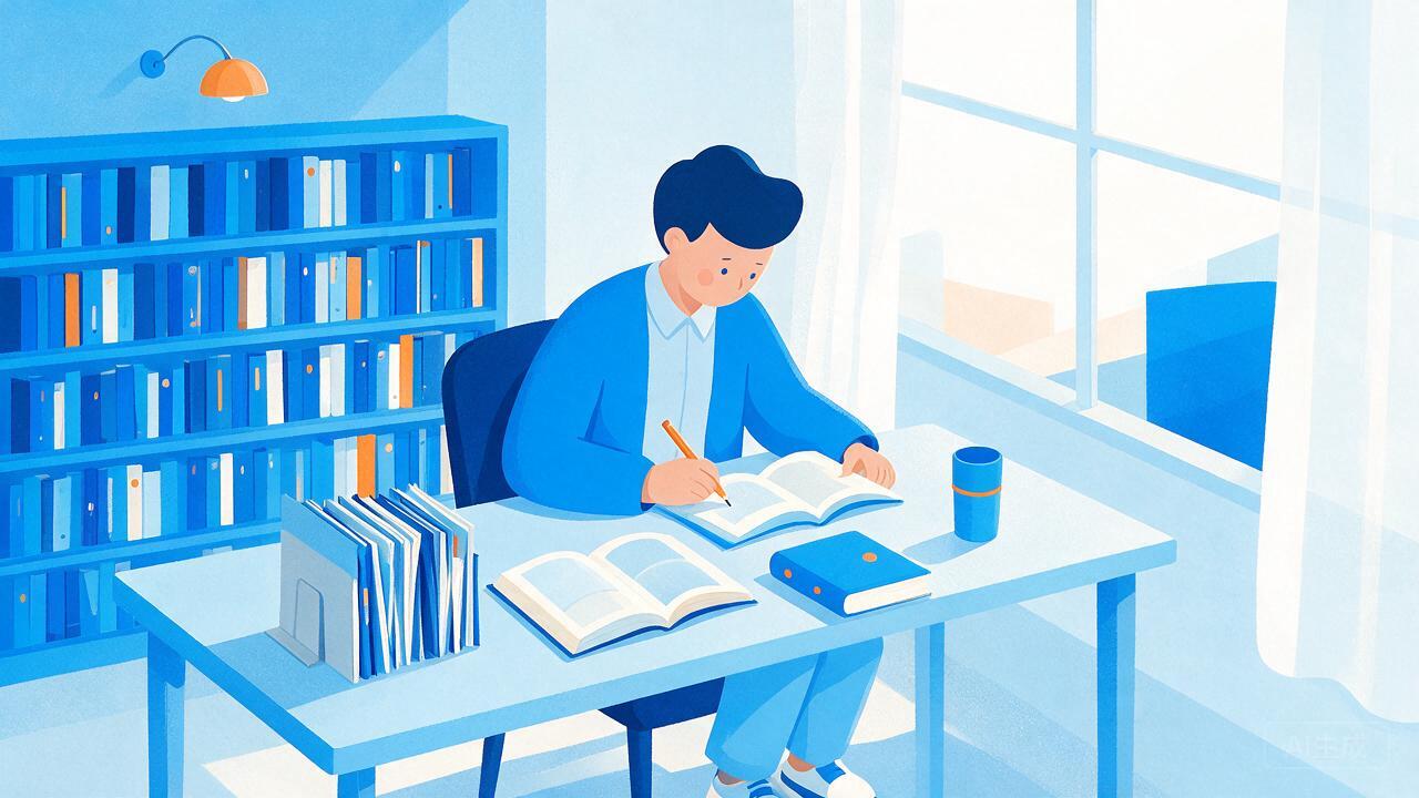 一位学员在安静的图书馆里翻阅资料、认真做笔记