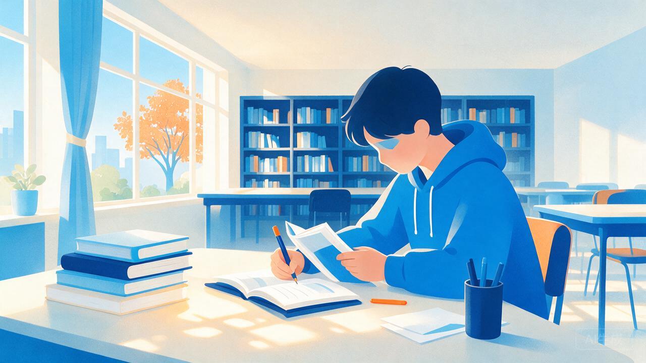一位学员在安静的图书馆里翻阅资料、认真做笔记