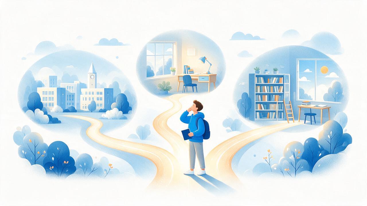学习者站在三条学历提升路径前思考选择