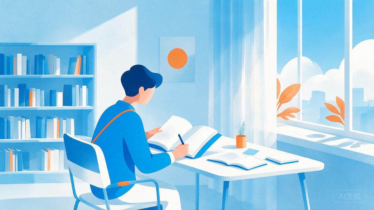 一位学员在安静的图书馆里翻阅资料、认真做笔记