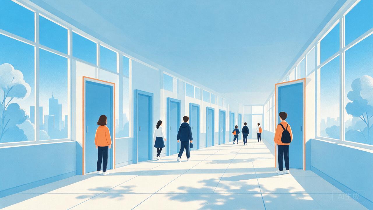 多名学生走向并排的不同门,其中两扇门以暖橙色标出
